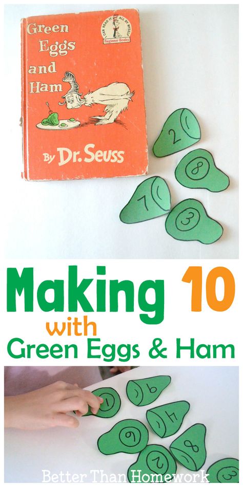 Practice your making 10 math facts with this fun game inspired by Green Eggs and Ham Dr. Suess, Dr Seuss Preschool, Game Math, Dr Seuss Classroom, Dr Seuss Activities, Dr Seuss Crafts, Picture Book Activities, Dr Seuss Birthday Party, Seuss Classroom