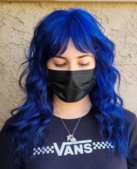 Dark Vibrant Blue Hair, Cobalt Blue Hair Color, Bright Blue Hair Color, Dark Electric Blue Hair, Red And Blue Hair Split, Blue Hair Split Dye, Blue Shag Hair, Royal Blue Hair Color, Neon Blue Hair