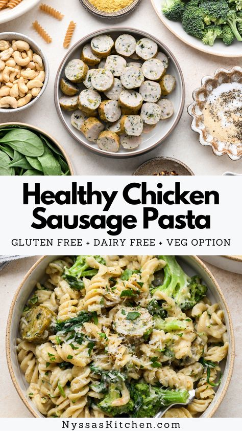 This healthy chicken sausage pasta skillet is an easy dinner recipe idea made with a dairy free cashew cream sauce and lots of veggies! Super flavorful, totally customizable, and ready in about 30 minutes. Gluten free, dairy free, and vegan option. Sausage Pasta Skillet, Healthy Noodle Recipes, Chicken Sausage Recipes, Chicken Sausage Pasta, Cashew Cream Sauce, Pasta Skillet, Sausage Pasta Recipes, Dairy Free Pasta, Pasta Ingredients