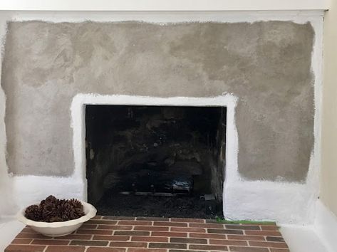 Fireplace Mortar Makeover, How To Stucco A Fireplace, How To Stucco Over Stone Fireplace, How To Cover Fireplace, Brick To Stucco Fireplace, Cement Over Brick Fireplace Diy, Brick Stain Interior, Cover Brick Fireplace With Concrete, Plastering Brick Fireplace