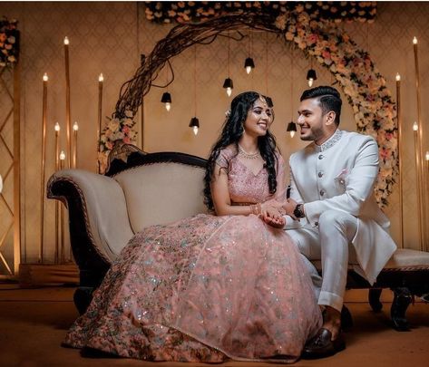 Wedding Couple Poses On Stage, Couple Stage Wedding, Engagement Pics Indian Couple, Reception Photoshoot Poses, Couple Engagement Dress Indian, Engement Dress Indian Couple, Engagement Looks For Indian Couple, Engagement Couple Dress Indian, Engement Dress Indian