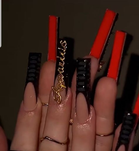 Red And Black Nails Black Women, Red Bottom Acrylic Nails Square, Long Acrylic Nails Red Bottoms, Acrylic Red Bottom Nails, Long Square Acrylic Nails Red And Black, Cute Red Birthday Nails, White Red Bottom Acrylic Nails, Red And Black Birthday Nails Acrylic, Cute 19th Birthday Nails