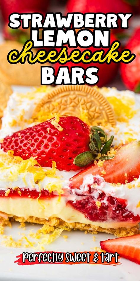 Strawberry Lemon Cheesecake, Strawberry Cheesecake Bars Recipes, Cheesecake Lasagna, Lemon Lasagna, Berry Pie Filling, Whipped Cream Topping, Strawberry Cheesecake Bars, Lemon Cheesecake Recipes, Lemon Cheesecake Bars