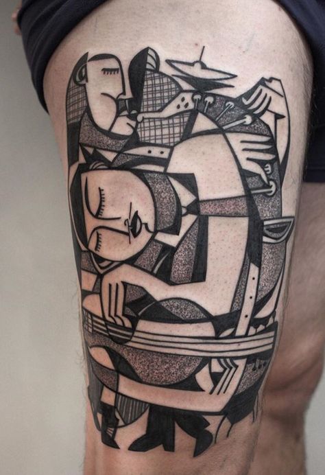 Peter Aurisch Picasso Tattoo, Great Tattoo Ideas, Leg Tattoo Ideas, Art Deco Tattoo, Best Leg Tattoos, Modern Art Tattoos, Artsy Tattoos, Surreal Tattoo, Original Tattoos