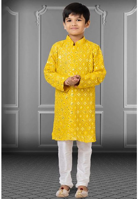 Yellow Embroidered Georgette Kids Kurta Set Kids Kurta Pajama, Boys Kurta Design, Kids Kurta, Haldi Outfits, Haldi Outfit, Boys Kurta, Kurta Pyjama, Silk Bottoms, Kurta Pajama