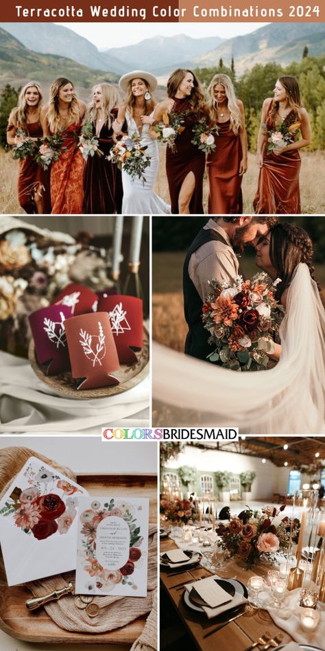 Terracotta and burgundy wedding color combos inspirations for 2024: mixed terracotta and burgundy bridesmaid dresses, terracotta and burgundy drinks cozies, terracotta and burgundy wedding bouquets, wedding invitations with terracotta and burgundy flowers patterns, terracotta and burgundy wedding table decorations. #weddingcolors #weddingideas #fallweddings #terracottaweddings #colsbm #2024 #bridesmaiddresses #terracottaandburgundy Orange And Maroon Color Palette, Autumn Wedding Bridesmaids And Groomsmen, Wedding Theme Terracotta, Sunset Terracotta Wedding Colors, Burgundy Drinks, Burgundy And Terracotta Wedding, Rust Orange Wedding Color Combos, Terracotta And Burgundy Wedding, Burgundy And Rust Wedding