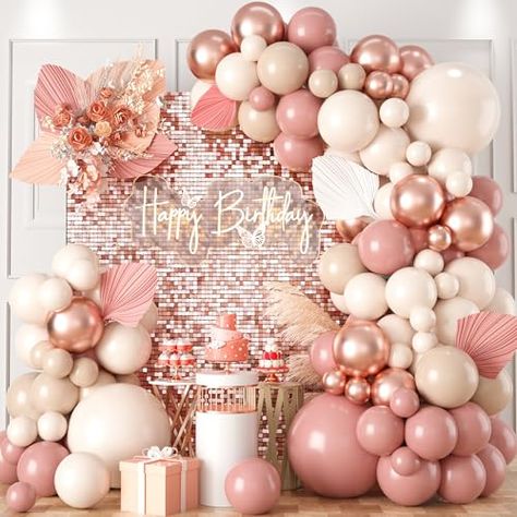 Pink And Cream Birthday Party, Rose Gold Balloon Arch Backdrop, Dusty Pink Birthday Party Decor, Rose Gold 21st Birthday Ideas, Pink White Gold Balloon Garland, Pink Gold And White Party Decoration, Birthday Balloon Arch Ideas, Pink And White Birthday Decor, Nude Balloon Arch