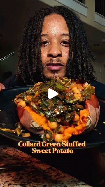 Brandon Horton on Instagram: "This Collard green and chickpea stuffed sweet potato was super easy to make and it tasted absolutely amazing. I love finding different ways to eat my favorite foods.
Recipe inspired by @busyinbrooklyn ⬇️: 

Ingredients:
1-2 bunches Collard greens, chopped
1 yellow onion, sliced
1 tbs minced garlic
1-2 tbs avocado oil 
2 tsp Cumin
1 tbs smoked paprika 
2-3 tomatoes, diced or use can tomatoes 
1 14 oz can of  chickpeas, rinsed
1 med organic sweet potato
1-2 cup vegetable stock
Himalayan pink salt 
Black pepper
Crushed red pepper 
2 tsp Mary Green's Seasoning by @kendoSpice  (Click link in my bio to purchase) 

My new EBook is now available for purchase on my website!

#instagramreels #explorepage✨ #plantbasedbrandon #veganrceipes #bakedsweetpotato #collardgreens Vegan Collard Greens, Can Tomatoes, Stuffed Sweet Potato, Collard Green, Vegan Soul Food, Plant Based Recipes Breakfast, Plantbased Recipes, Meatless Dinner, Baked Yams