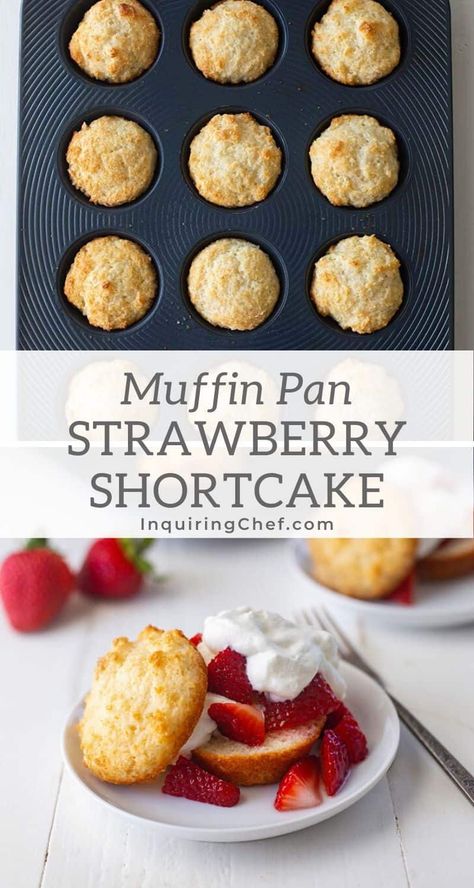 Looking for a simple, no-fuss strawberry shortcake recipe? Try Muffin Pan Strawberry Shortcake. Unlike more complicated biscuit-style shortcakes, these are light, tender little cakes baked in a muffin pan. Top the cakes with berries and fresh whipped cream. Simple Shortcake Recipe, Strawberry Shortcake Muffin Recipe, Homemade Shortcake, Bisquick Strawberry Shortcake, Strawberry Shortcake Muffins, Muffin Top Recipes, Mini Strawberry Shortcake, Muffin Top Pan, Egg Free Baking