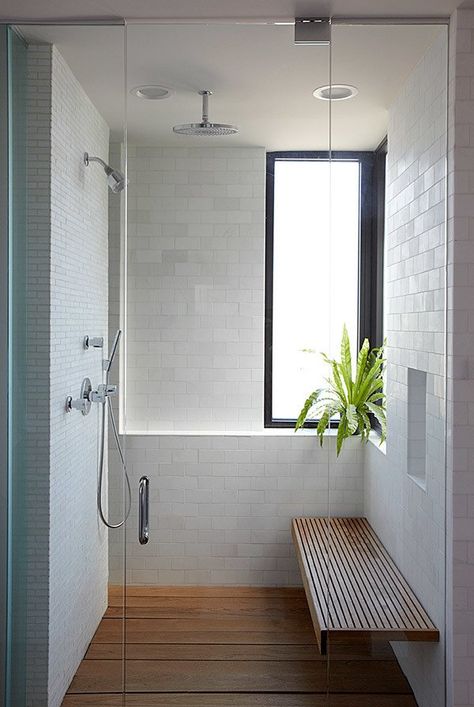 10 Minimalist Bathroom Ideas - Dwell Shower Room Design Ideas, Teak Shower Floor, Bamboo Tile, Modern Shower Design, Minimalist Showers, Minimalist Bathroom Design, Window In Shower, Zen Bathroom, Bathroom Remodel Shower