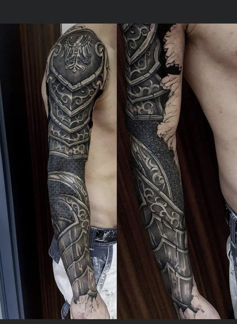 Armour Tattoo Design, Mens Arm Sleeve Tattoos Ideas Unique, Gauntlet Tattoo, Armor Sleeve Tattoo, Armour Tattoo, Forearm Armor, Meaningful Tattoos For Men, Wood Tattoo, Gladiator Tattoo