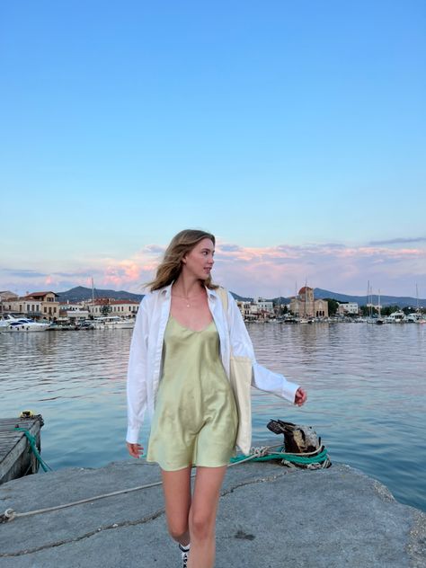 greece sunset beach ocean aesthetic photoshoot green slip dress white button down outfit ideas euro summer ideas simple poses Sunset Pictures Aesthetic, White Button Down Outfit, Beach Ocean Aesthetic, Future Dusk, Greece Sunset, Slip Dress White, Simple Poses, Button Down Outfit, Grad Shoot