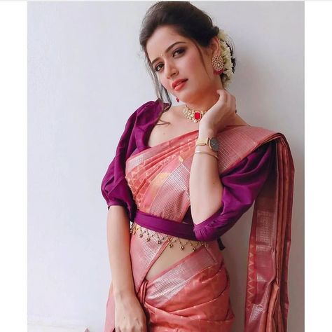 Ashika Rangnath💙 on Instagram: “❤️” Puffed Sleeves Blouse, Velvet Blouse Design, Ashika Ranganath, Latest Silk Sarees, Saree With Belt, Boat Neck Blouse Design, Sari Design, Orange Saree, Blouse Back Neck Designs