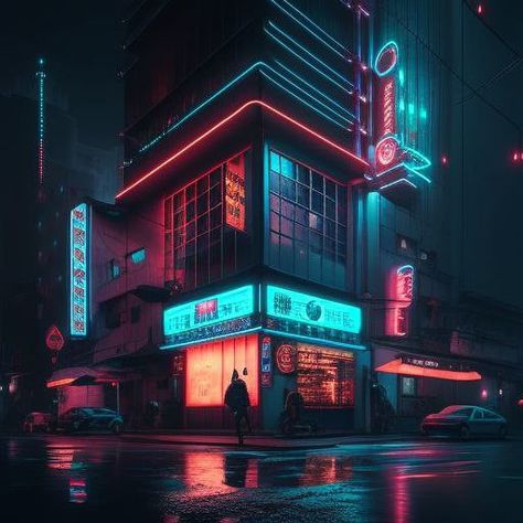 Cyberpunk Exterior Design, Cyberpunk Apartment Aesthetic, Cyberpunk Street Art, Cyberpunk Apartment Exterior, Cyberpunk Apartment Building, Bloxburg Cyberpunk City, Cyberpunk World Building, Sims Cyberpunk, Cyberpunk Restaurant