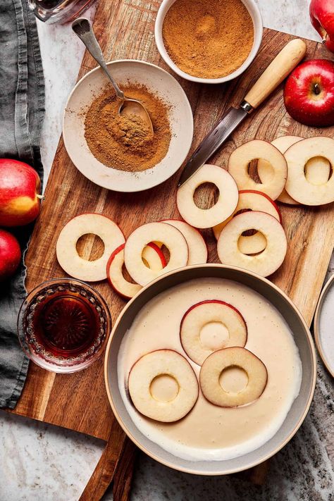 Apple Pancake Dippers, Apple Pancake Rings, Vegan Apple Rings, Pancakes Serving Ideas, Apple Slices Pancakes, Apple Slice Pancakes, Apple Ring Pancakes, Halloween Pancakes For Kids, Pancake Dippers