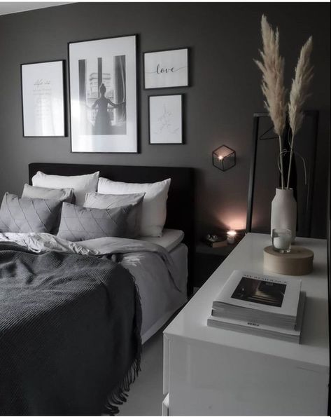 Black And Grey Bedroom, Black Bedroom Decor, Grey Bedroom Decor, Decor Ideas Bedroom, Apartment Living Room Design, Dekorasi Kamar Tidur, Grey Room, Black Bedroom, Grey Bedroom