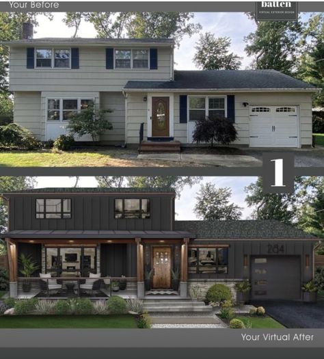 Update Traditional Home Exterior, Benjamin Moore Deep Creek, Deep Creek Benjamin Moore, Dark Siding Black Windows, Modern Exterior Trilevel, Deep Creek Benjamin Moore Exterior, Modern Bay Window Ideas Exterior, Outside House Paint Colors Ideas Modern, Outdoor Siding Ideas