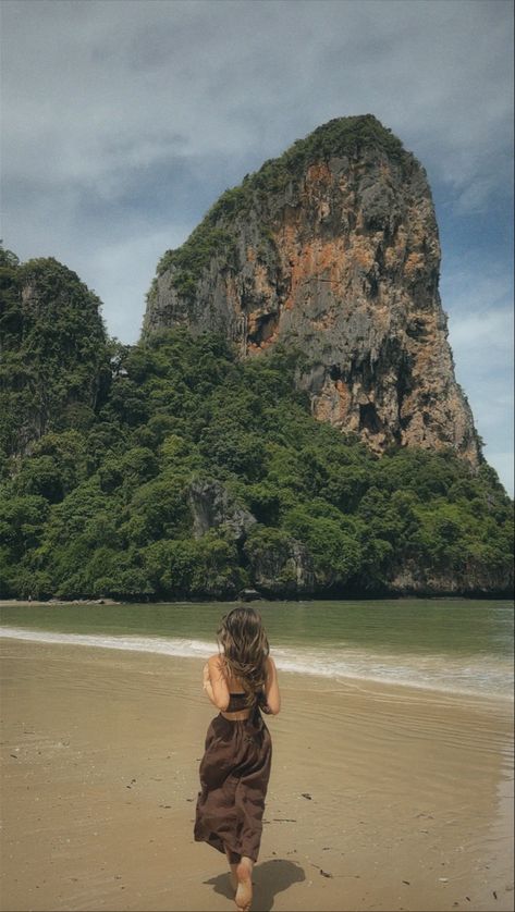 Krabi, Thailand, dissh, cliffs, brown dress, dress aesthetic Krabi Thailand Aesthetic, Krabi Photo Ideas, Thailand Vacation Aesthetic, Thailand Girls Trip, Krabi Aesthetic, Thailand Picture Ideas, Southeast Asia Aesthetic, Cambodia Aesthetic, Phuket Thailand Aesthetic