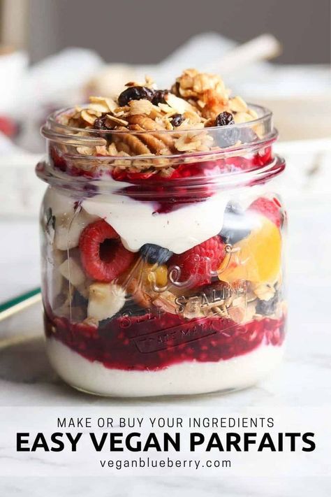 Whether you choose shop for your ingredients or make them all from scratch, these simple vegan parfaits are an easy way to look fancy and enjoy healthy and delicious food all at the same time!  Layers of vegan yogurt, fruit, fruit sauce, granola and whip cream make for a delightful and irresistible breakfast or snack!  #veganrecipes Vegan Desserts Fruit, Vegan Yogurt Desserts, Vegan Parfait Recipes, Vegan Parfait Breakfast, Vegan Parfait Dessert, Kids Easy Breakfast Ideas, Vegan Fruit Dessert, Vegan Yogurt Parfait, Vegan Parfait