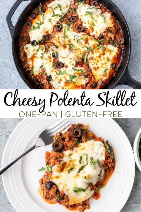 This polenta skillet recipe is an easy weeknight meal! It's made with tubed polenta, cheese, crushed tomatoes, ground turkey and spinach for a cheesy, filling, gluten-free meal! #glutenfree #skilletmeal #onepanmeal #healthyeats Ground Turkey And Polenta, Polenta Ground Beef Recipes, Ground Beef And Polenta Recipes, Polenta Recipes Tube Vegan, Tubed Polenta Recipes, Polenta Tube Recipes, Tube Polenta Recipes, Polenta Recipes Tube, Polenta Dinner Recipes