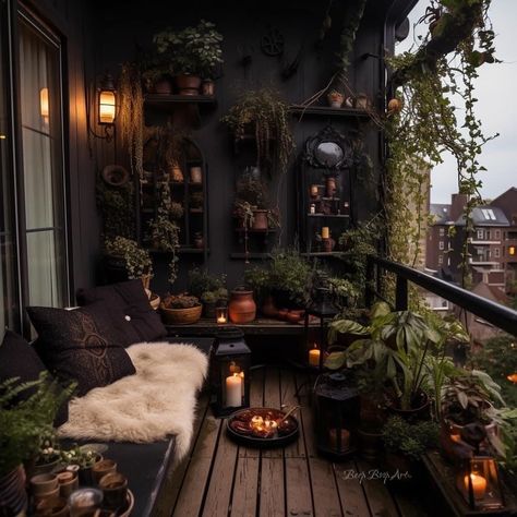 Gothic Plant Home Decor, Black Walls With Plants, Black With Plants Room, Modern Goth House Interior, Dark Moody Sunroom, Dark Academia Plant Room, Gothic Boho Interior Design, Dark Academia Balcony, Witchy Sitting Room