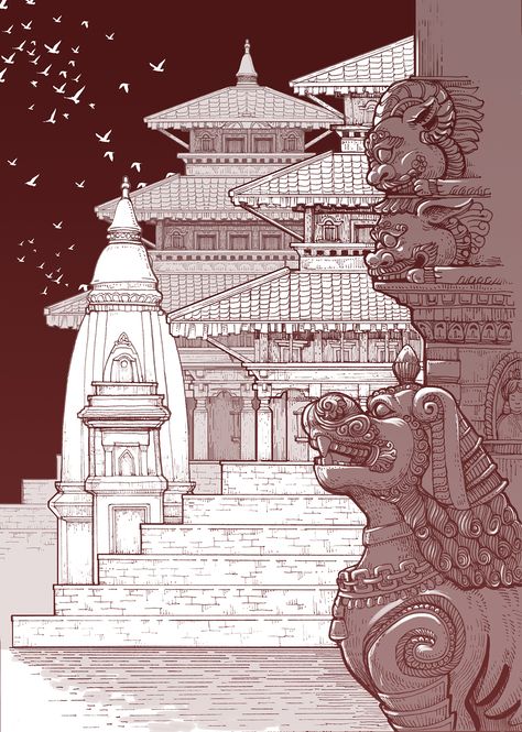 Illustration of Nepal on Behance Nepali Architecture Sketch, Traditional Illustration, Nepal Art, Nepal Culture, Durbar Square, Indian Illustration, Historical Buildings, Temple Art, Hinduism Art