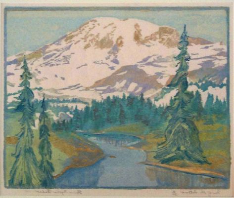 Elaine Myers Rader : One of the Tetons : Mount Rainier Color Woodcut 1930 Gustave Baumann, Woodblock Printing, Woodcut Art, Forehead Wrinkles, Mountain Art, Woodblock Print, Mountain Landscape, Mount Rainier, The Mountain