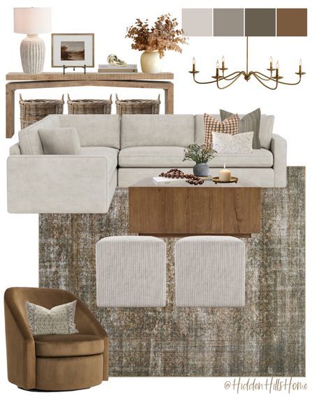 Sofa And 2 Accent Chairs, Grey Blue And Rust Living Room, Living Room With Light Grey Sectional, Long Living Room With Sectional, Stone Sectional Living Room, Greys Browns Living Room, Neutral Living Room Leather Couch, Gray Sofa Neutral Living Room, Apartment Decor Mood Board