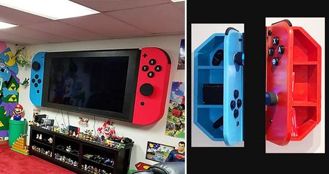 You can now buy wall-mounted Joy-Con-inspired cabinets, so you can transform your TV into a giant Nintendo Switch for the ultimate gaming experience! Tv Switch Frame, Diy Nintendo, Nintendo Room, Mario Room, Small Game Rooms, Video Game Room Design, Boy Bedroom Design, Video Game Rooms, Wall Mounted Cabinet