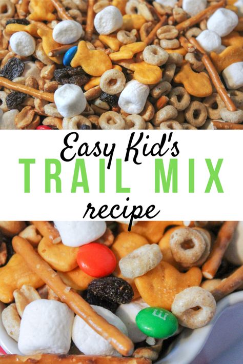 Easy Kid's Trail Mix Recipe - Moments With Mandi School Friendly Snacks, Pretzel Trail Mix Recipe, Kids Beach Snacks, Trial Mix Recipe, Kids Snack Mix Ideas, Kid Friendly Trail Mix Recipes, Easy Kid Appetizers, Kid Friendly Appetizers Easy, Beach Snacks For Kids