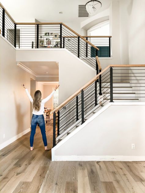 Staircase Reno - Angela Rose Home Angela Rose Home, Angela Rose, Modern Stair Railing, Staircase Railing Design, Diy Staircase, House Staircase, Staircase Remodel, Stair Railing Design, Staircase Makeover