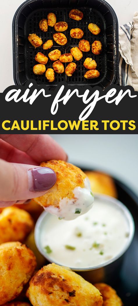 Cauliflower tots are a low carb version of our favorite childhood side dish! They are simple to make in the air fryer and come out plenty crispy! Low Carb Cauliflower Tots, Air Fryer Cauliflower Tots, Cauliflower Rice Air Fryer, Cauliflower Tots Air Fryer, Air Fryer Cauliflower Rice, Cauliflower Nuggets Air Fryer, Cauliflower Tots Recipe, Low Carb Air Fryer Snacks, Low Cal Air Fryer