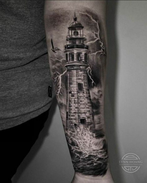 Lighthouse Tattoo Men Forearm, Lighthouse Leg Tattoo, Lighthouse Tattoo Design Realistic, Lighthouse Forearm Tattoo, Lighthouse Sleeve Tattoo, Sea Tattoo Men, Lighthouse Tattoo Men, Sea Tattoo Sleeve, Ship Tattoo Sleeves