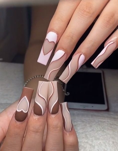 brown and white heart nails Brown Heart Nails, Brown Acrylic Nails, Brown Heart, Heart Nail Designs, Basic Nails, Pretty Nail Designs, Long Square Acrylic Nails, Brown Nails, Square Acrylic Nails