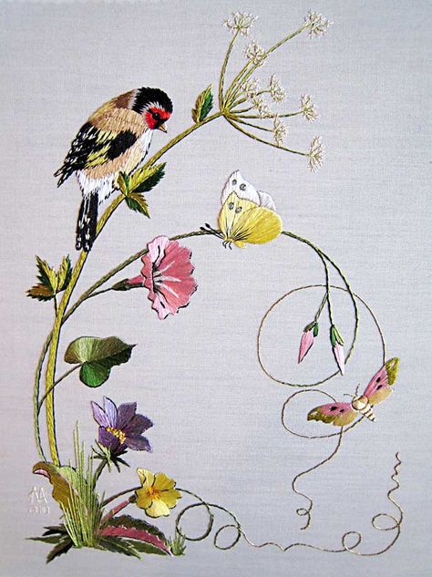 Ribbon Embroidery Kit, Pola Sulam, Bird Embroidery, Brazilian Embroidery, Japanese Embroidery, 자수 디자인, Crewel Embroidery, Hand Embroidery Stitches, Hand Embroidery Patterns