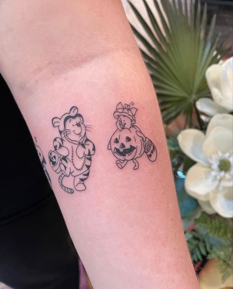 Winnie The Pooh Halloween Tattoo, Small Disney Halloween Tattoos, Scary Godmother Tattoo, Winnie The Pooh Characters Tattoo, Webkinz Tattoo, Disney Halloween Tattoos, Dora Tattoo, 90s Cartoon Tattoos Ideas, Pooh Bear Tattoo