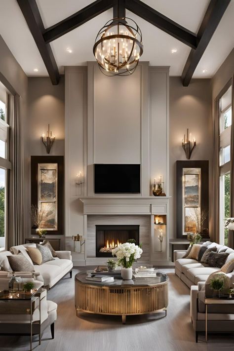 23 Stunning Living Room Electric Fireplace Ideas for a Cozy Retreat - PortablePowerGuides Fire Places Ideas Living Room Tall, 20 Ft Ceiling Living Room Decor, How To Place Furniture Around Fireplace, Fireplace With Mirrors On Each Side, Fireplace Wall Paneling Ideas, High Ceiling Living Room Modern Luxury, Living Room Fireplace Layout, Family Room With Fireplace And Tv, Inside Fireplace Decor