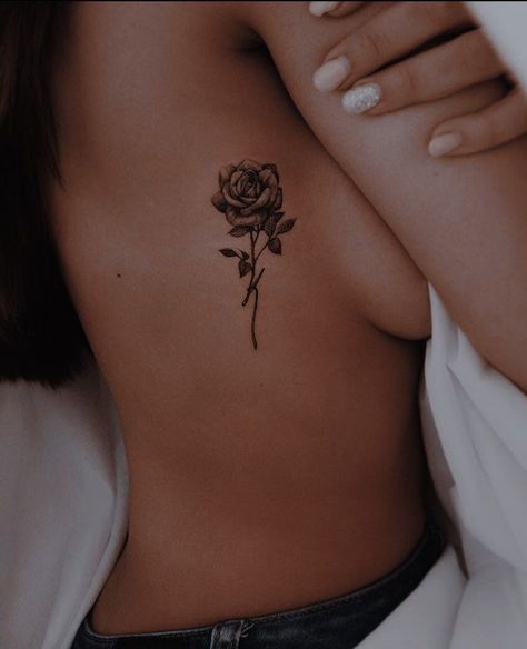 Cute Ribcage Tattoos For Women, Rib Rose Tattoos For Women, Tattoos Down Side Of Body Ribs, Side Rose Tattoo, Damaged Tattoo Ideas, Tattoo Side Rib Women, Rose Side Tattoo, Rose Tattoo On Ribs, Tattoo Ideas Side Ribs