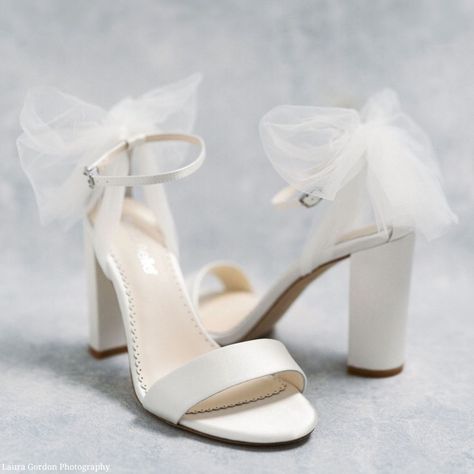 Open Toe Ankle Strap Tulle Bow Block Heels | Bella Belle Wedding Shoes Bride Bows, Wedding Heels Ribbon, Tulle Bow Heels, Bridal Shoes Open Toe, Modern Wedding Heels, Bow Heels White, Wedding Shoes With Bows, Open Toe Wedding Heels, Wedding Heels With Bow