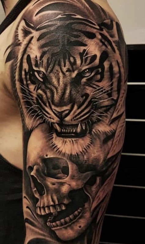 Tiger And Skull Tattoo, Tiger Skull Tattoo, Skull Tattoo Meaning, Sleeves Tattoos, Tiger Face Tattoo, Tiger Head Tattoo, Skull Tattoo Designs, Big Cat Tattoo, Tiger Skull