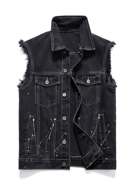 Black Casual  Sleeveless Denim Graphic Other  Non-Stretch  Men Denim Sleeveless Denim Jacket Outfit, Sleeveless Jacket Outfit, Vest Men Outfit, Sleevless Jacket, Men Outfits Aesthetic, Denim Vest Men, Sleeveless Denim Jacket, Office Wears, Denim Outfit Men