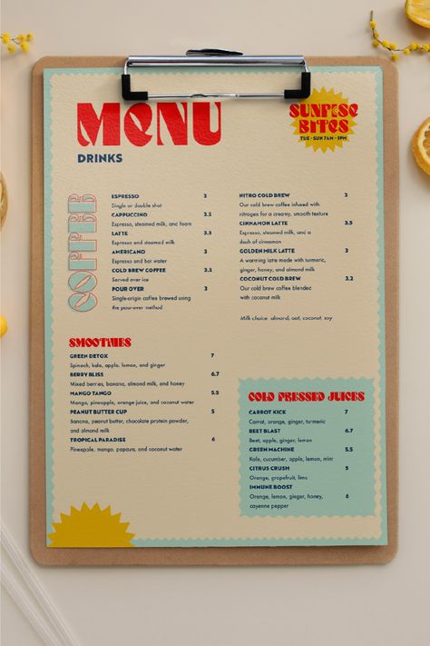 The menu that is part of the branding concept for Sunrise Bites, a restaurant with a focus on breakfast, brunch, coffee, and smoothies. A vibrant and friendly place, with a bit of a holiday morning vibe that puts customers in a good mood for the rest of the day. As a restaurant, your brand identity is what sets you apart and imprints lasting memories upon your customers. With our branding agency's help, you can create a logo that will communicate your unique story and style. To Go Restaurant Design, To Go Menu Design, Breakfast Restaurant Branding, Breakfast Menu Design Ideas, Menu Card Design Restaurant, Menu Design Aesthetic, Smoothie Menu Design, Breakfast Restaurant Design, Cafe Menu Design Ideas