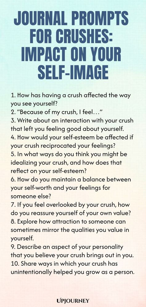 Explore these thoughtful journal prompts designed to help you reflect on the impact your crushes have on your self-image. Dive deeper into your feelings and gain a better understanding of yourself through introspection and writing. Use these prompts to explore topics such as self-worth, confidence, and personal growth. Take some time for self-discovery and uncover insights that will empower you on your journey towards self-acceptance and love. Grab your journal and start exploring today! Getting Over An Ex Journal Prompts, Crush Journal Prompts, Journal About Crush, Shadow Questions, Journal Prompts For Self Love, Journal Prompts Insecurity, Journal Prompts For Self Acceptance, Journal Prompts For Low Self Esteem, Journal Prompts For Knowing Yourself