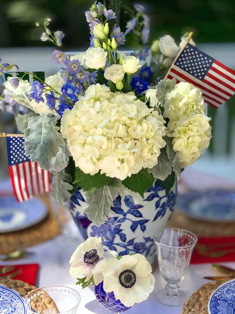 4th Of July Table Decor, Down Home Cooking, Blue Rehearsal Dinner, Simple Holiday Decor, Cobalt Blue Vase, Beautiful Tablescapes, White Ginger Jars, White Anemone, Anemone Flower