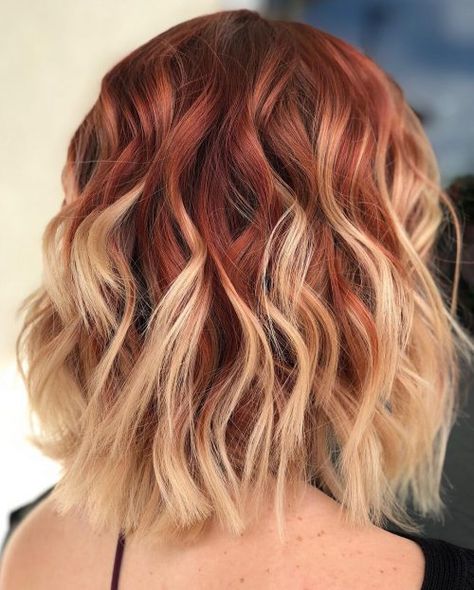 Copper Peekaboo Hair Blonde, Blonde Hair Ideas With Color, Redhead Fall Hair Color, Half Color Hair Ideas, Red Hair With Blonde Highlights Balayage, Blonde And Red Hair Color Ideas, Red Hair With Blonde Underneath, Red To Blonde Ombre Hair, Two Toned Hair Color Ideas