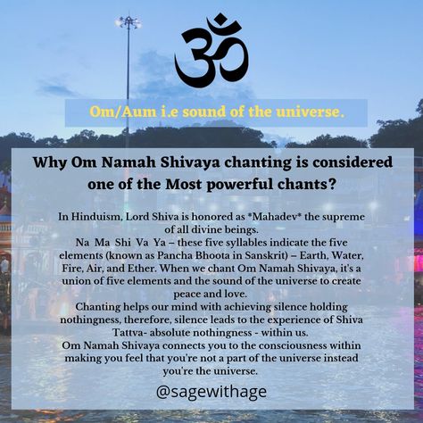 Learn how and why chanting om namah shivaya takes you on a spiritual ride! ⚛ Follow @sagewithage on Instagram! ☯ Om Namah Shivaya Meaning, Aum Namah Shivaya, Om Namah Shivaya Mantra, Om Aum, Namah Shivaya, Sanatan Dharma, Om Namah Shivaya, Fifth Element, Blessed Life