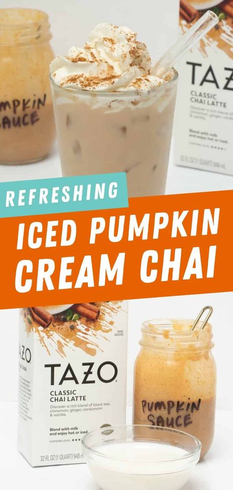 This Iced Pumpkin Cream Chai Latte is the perfect combination of fall flavors combining spicy chai and real pumpkin! Starbucks Iced Pumpkin Cream Chai, Iced Pumpkin Cream Chai Latte, Iced Pumpkin Cream Chai Starbucks, Decaf Pumpkin Spice Latte, Pumpkin Chia Latte Recipe, Pumpkin Cream Chai Latte, Iced Pumpkin Chai Tea Latte, Pumpkin Chai Latte Starbucks, Chia Latte Recipe