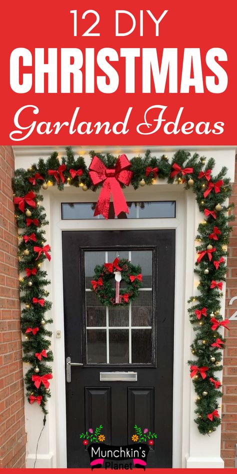 Check out these inspiring DIY Christmas Garland Ideas for the staircase, front door, and fireplace mantel to add festive cheer to your home. #christmasdecor #garland #diydecor Tinsel Garland Front Door, Garland On One Side Of Door, Outdoor Door Garland Christmas, How To Decorate Front Door Entrance For Christmas, Christmas Door Arch Diy, Garland Around Door Frame Outside, Front Door Garland Ideas, Front Door Christmas Decor Diy, Front Door Christmas Garland Ideas