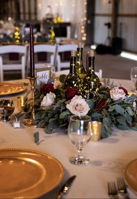 Wedding centerpiece burgundy greenery Gold Wedding Table Decorations, Cheap Wedding Table Centerpieces, Burgundy Wedding Centerpieces, Vintage Wedding Centerpieces, Rose Centerpiece, Rose Centerpieces, Wedding Floral Centerpieces, Wedding Centerpieces Diy, Flower Centerpieces Wedding