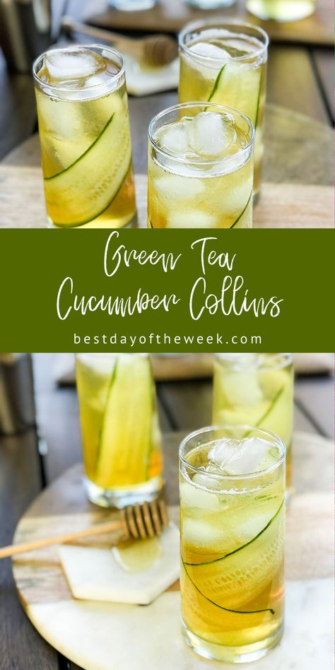 Cucumber Gin Cocktail, Cucumber Collins, Green Tea Cocktail, Easy Gin Cocktails, Tea Cocktail Recipes, Adult Tea Party, Green Tea Drinks, Tea Cocktail, Gin Recipes